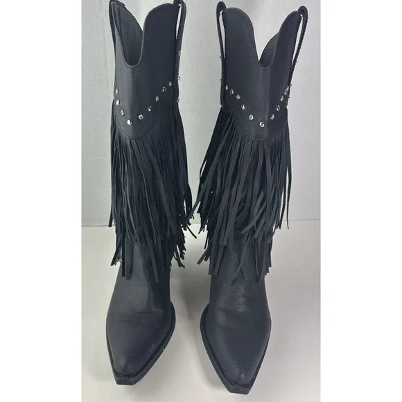 Roper Oakley Studded Pointed Toe Cowboy Black Boots Western Fringe Women's 8 - Picture 4 of 11